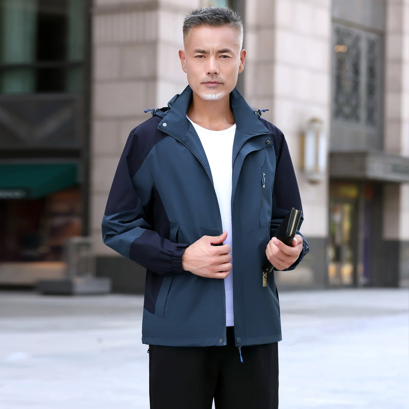 爸爸春秋款夹克外套中老年男士加厚三合一冲锋上衣男装爷爷春套装