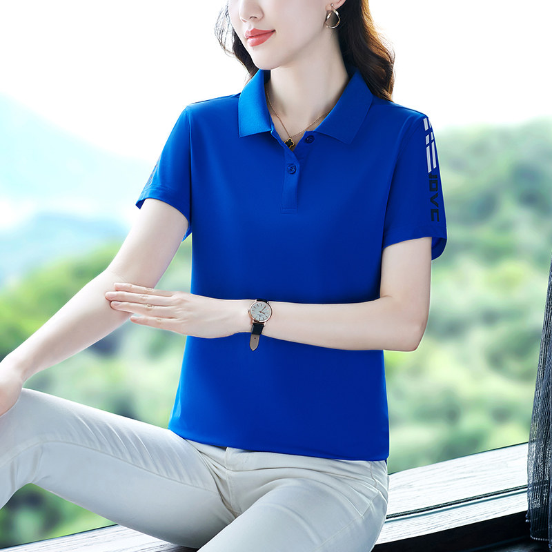 翻领冰丝t恤女夏季薄款大码妈妈短袖体恤上衣中年妇女速干polo衫