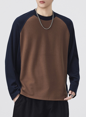 310G重磅德绒长袖t恤男春秋美式撞色拼接打底衫宽松圆领卫衣男