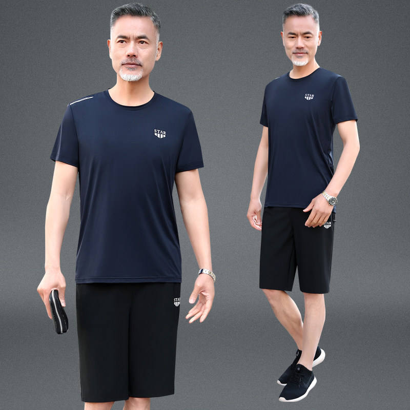 爸爸夏装套装时尚中老年人男装运动休闲父亲夏季冰丝男士短袖t恤