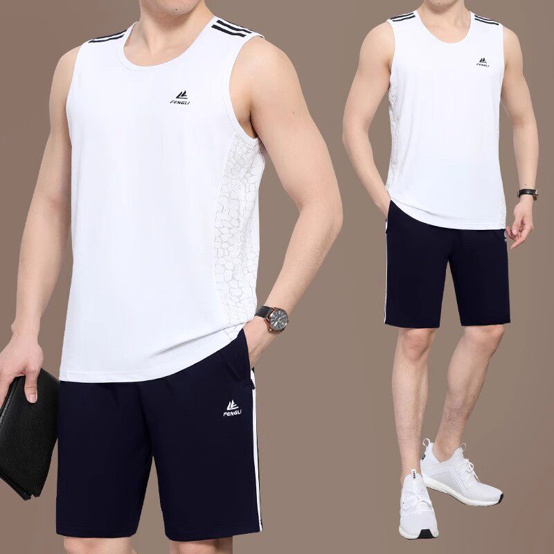 冰丝背心短裤男士运动套装2025夏季新款爸爸夏装坎肩无袖健身衣服