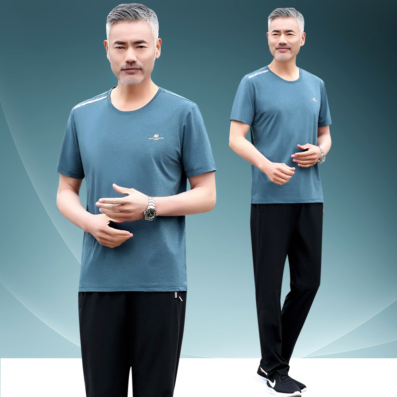 男士运动套装夏季中老年人短袖T恤爸爸夏装休闲两件套