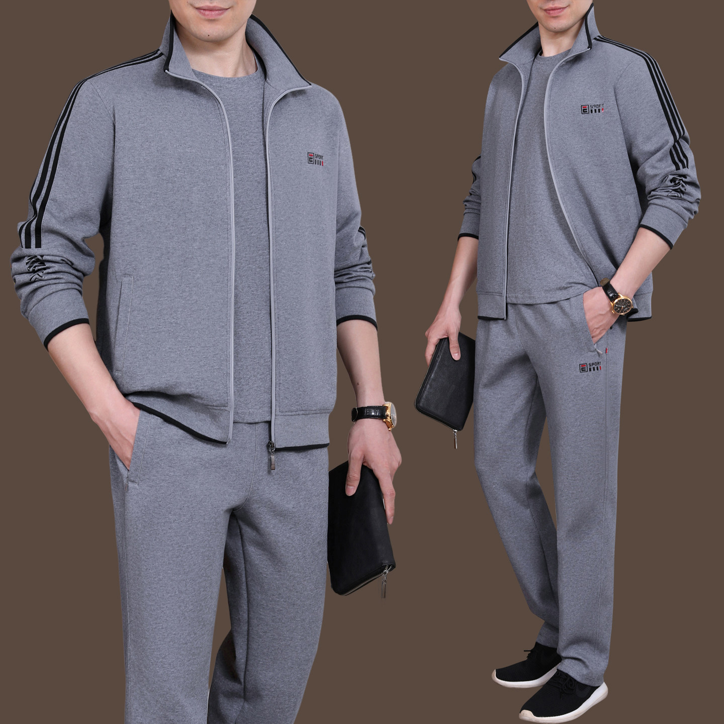 中年男士运动套装春秋季新款中老年人爸爸高端休闲运动服男三件套