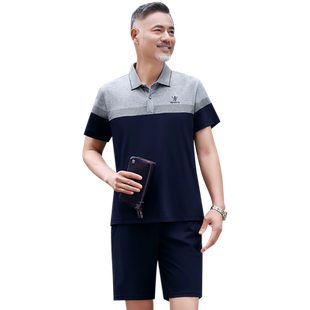 爸爸夏装套装中老年男装休闲运动服棉男士夏天短袖短裤父亲节薄
