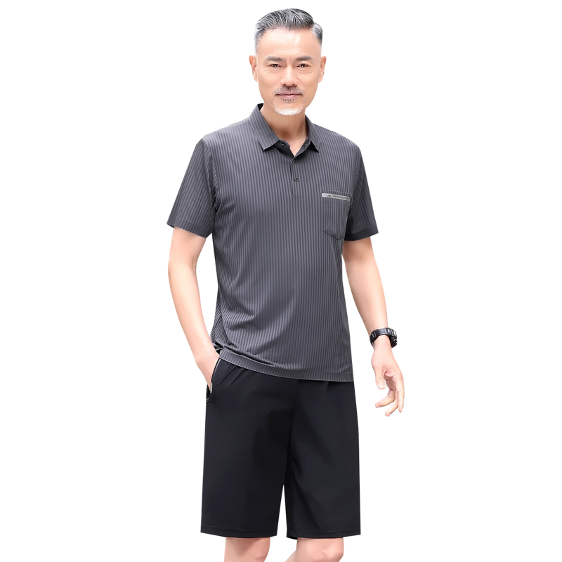爸爸夏装新款男冰丝短袖短裤套装