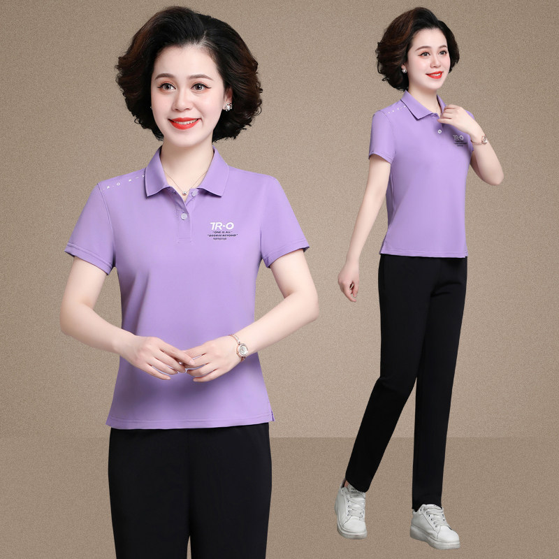 年轻妈妈夏装套装洋气时尚冰丝休闲两件套大码中年人运动服女薄款