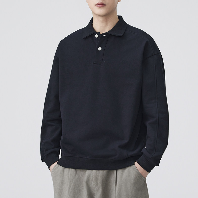 黑色Polo领长袖T恤男款成熟稳重男装打底杉上衣潮牌休闲翻领卫衣