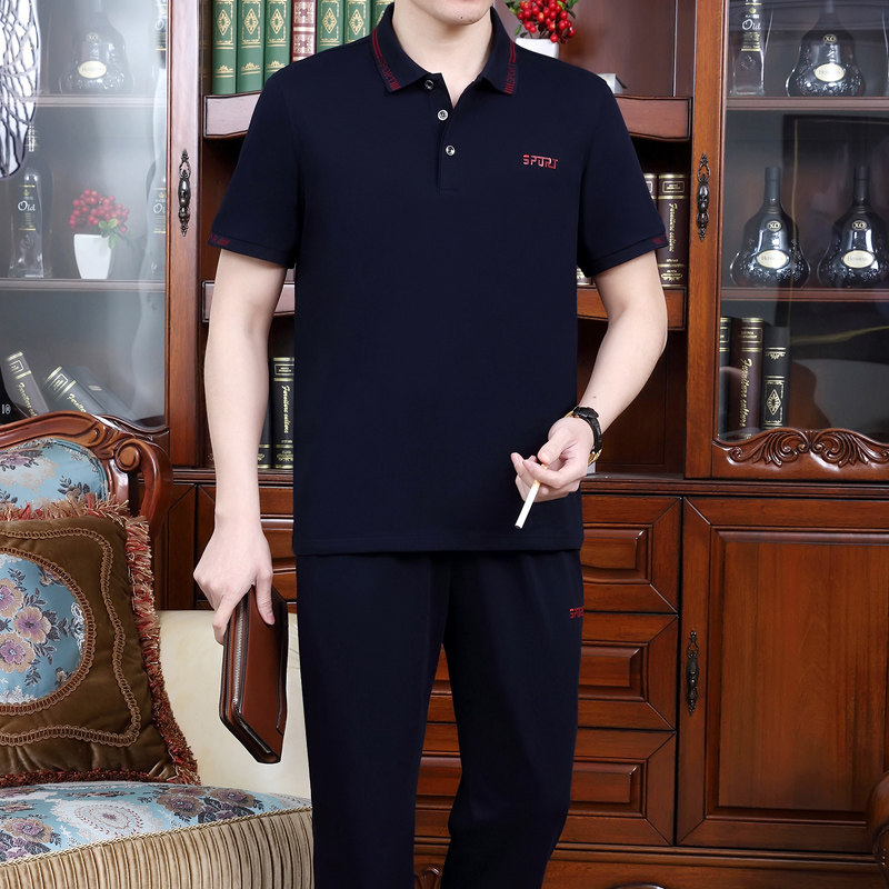 夏装爸爸装休闲运动套装男中老年薄款短袖T恤长裤跑步运动衣大码