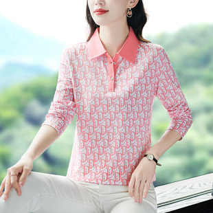 长袖 t恤女春秋2025新款 洋气妈妈polo衫 宽松百搭打底上衣翻领大码