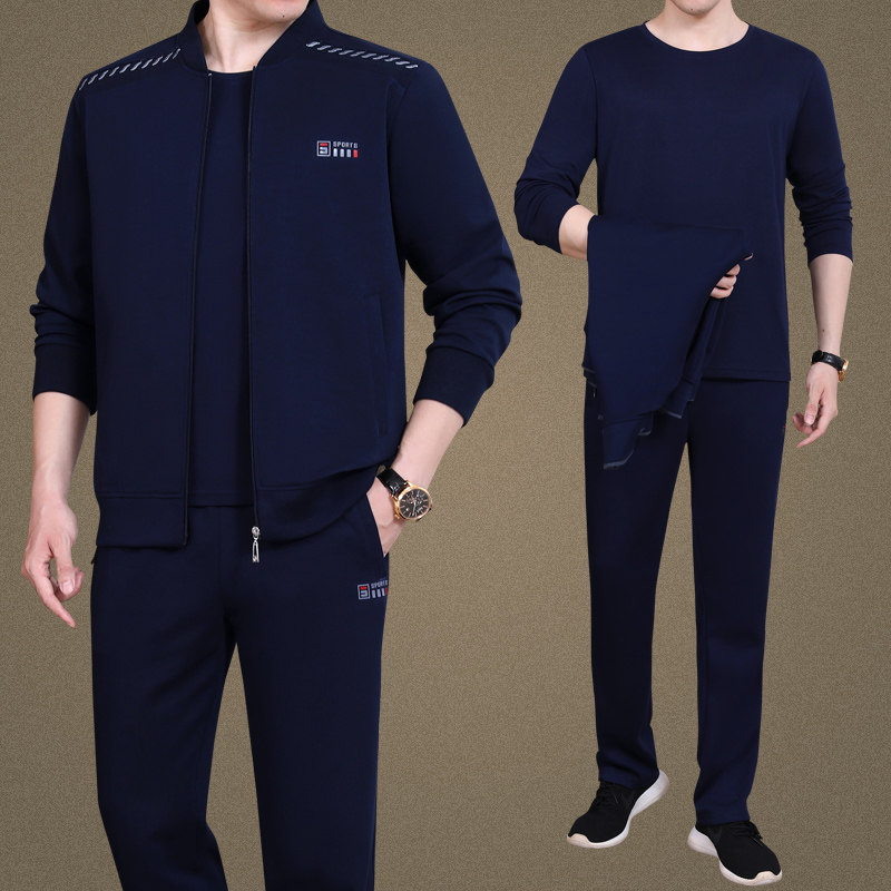 中老年爸爸秋装运动服休闲外套男春秋大码中年父亲上衣服两件套装