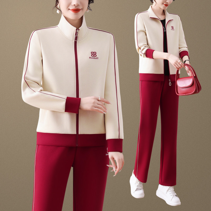 休闲运动套装女春秋2025年新款洋气中年妈妈春装外套直筒裤三件套