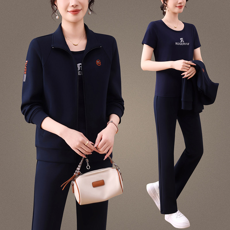 中年妈妈秋装外套大码休闲洋气新款中老年运动服套装女春秋三件套