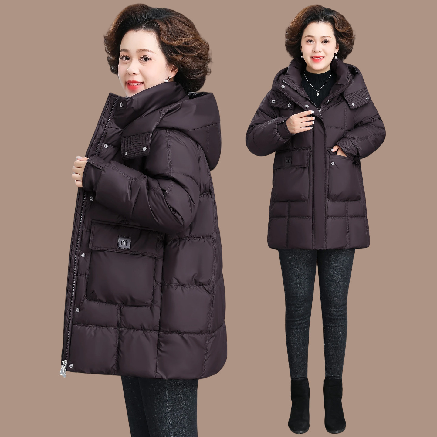 中年妈妈五十多岁洋气羽绒棉服中长款大码中老年女秋冬装棉袄外套