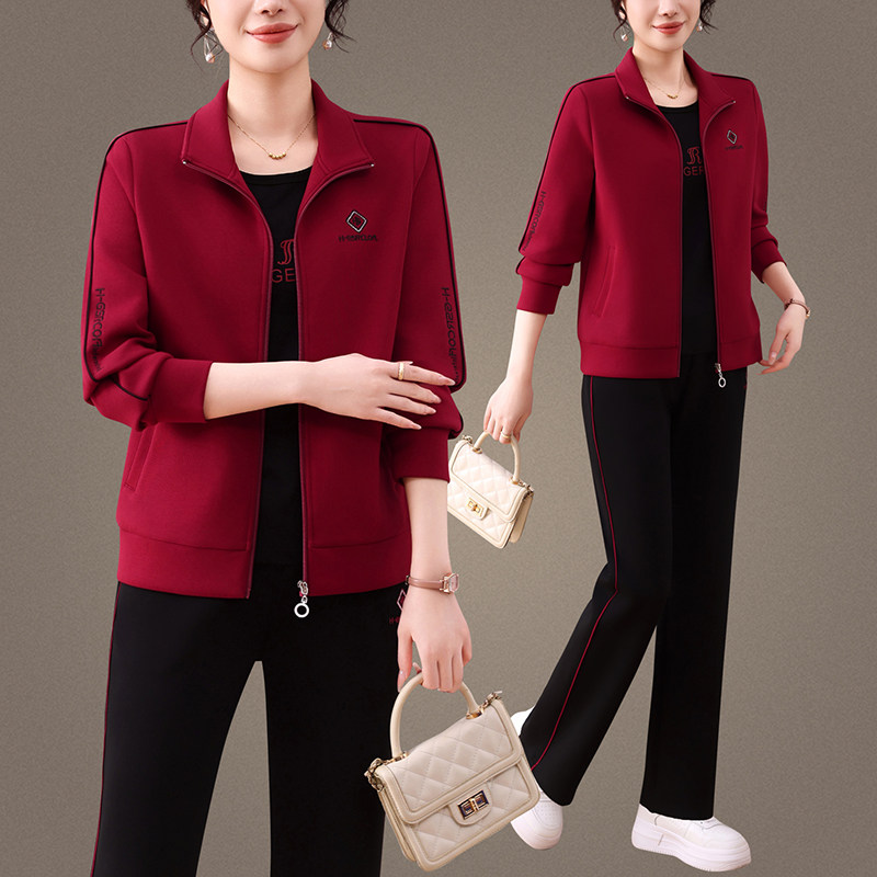 品牌高端中年妈妈外套女春秋2025新款运动服套装宽松休闲三件套潮