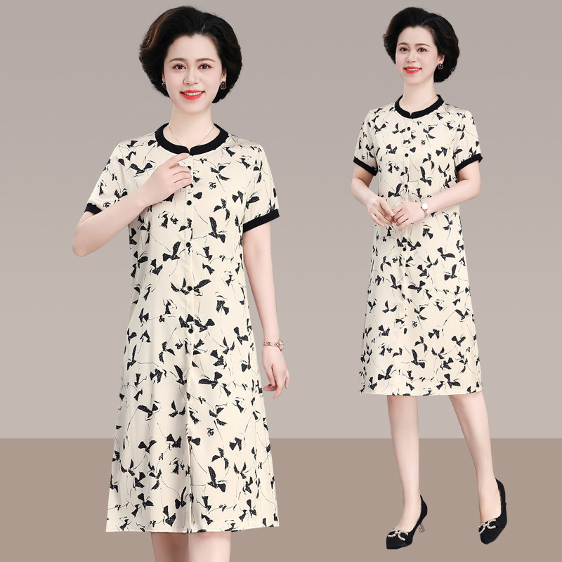 碎花连衣裙女夏季中长款时尚裙子2025新款中年妈妈高级感圆领长裙