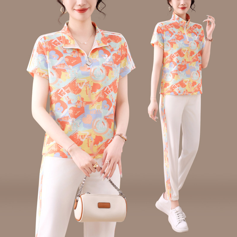 时尚速干洋气薄款短袖冰丝休闲运动套装女夏新款长裤跑步服两件套