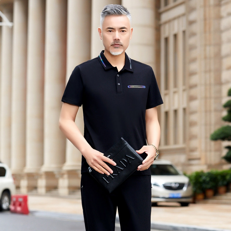 2025新款中老年男装爸爸夏装套装中年男士短袖t恤夏季翻领polo衫