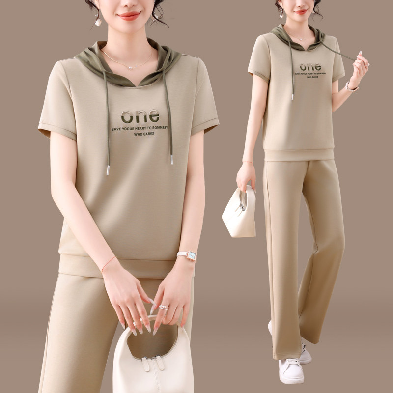 时尚女士运动服套装2025夏季新款连帽短袖长裤休闲跑步两件套洋气