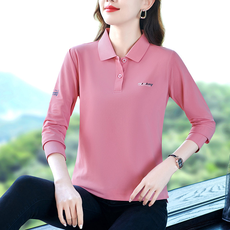 翻领短袖t恤女春夏季新款宽松透气中年妈妈大码上衣长袖POLO衫女