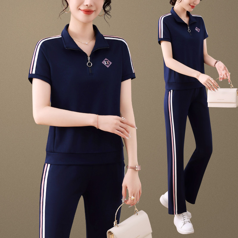 女士休闲运动套装女夏季2025新款洋气减龄中年立领短袖宽松两件套