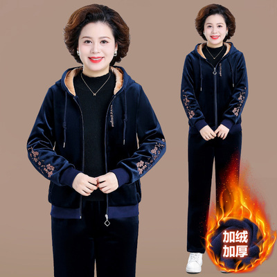 妈妈金丝绒运动服套装冬装加大码