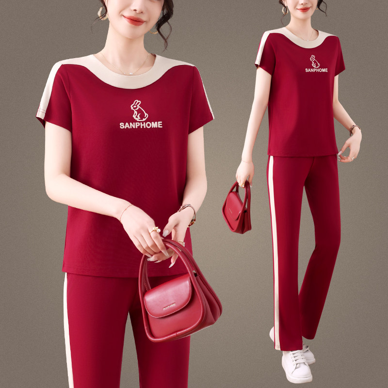 上衣短袖女士t恤休闲两件套中年妈妈装夏季时尚运动套装冰丝洋气