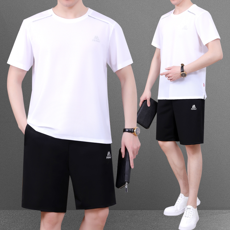 中年男士夏季短袖短裤套装冰丝速干圆领t恤衫爸爸夏装父亲节衣服