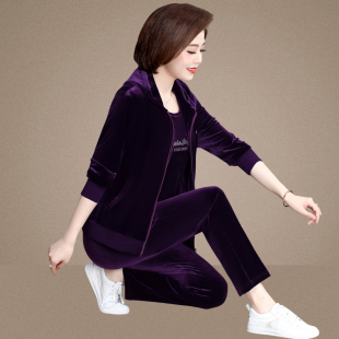 妈妈金丝绒套装女春秋时尚洋气卫衣带帽休闲外套中老年运动服大码