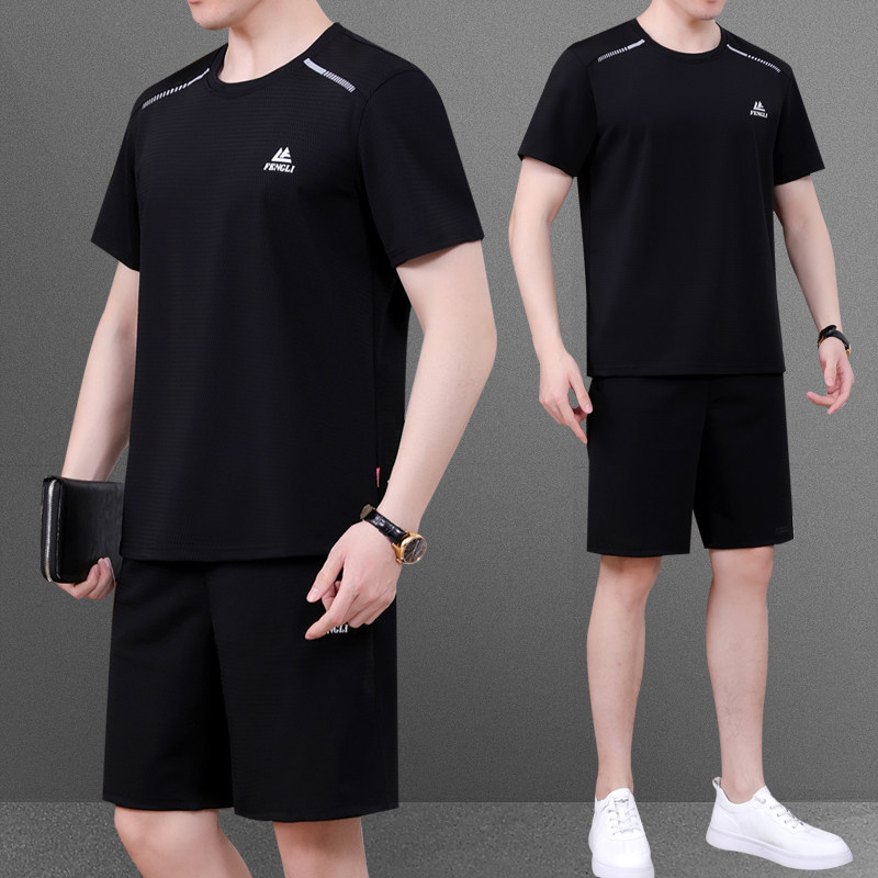 中老年男士球服运动套装夏季冰丝短袖短裤圆领爸爸夏装跑步健身服