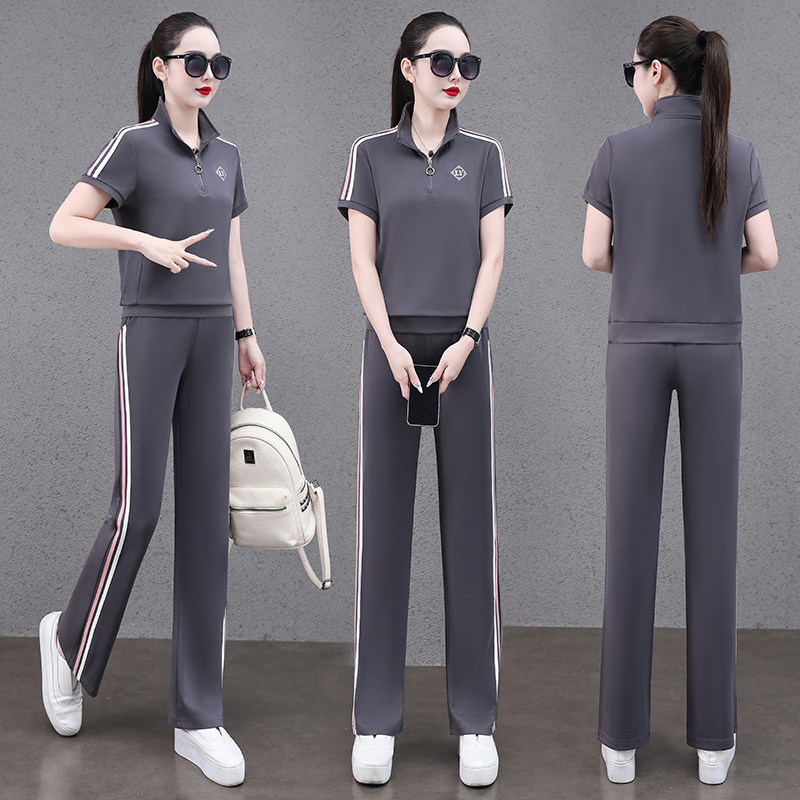 休闲立领运动套装女夏季2025新款时尚宽松减龄大码短袖女装两件套
