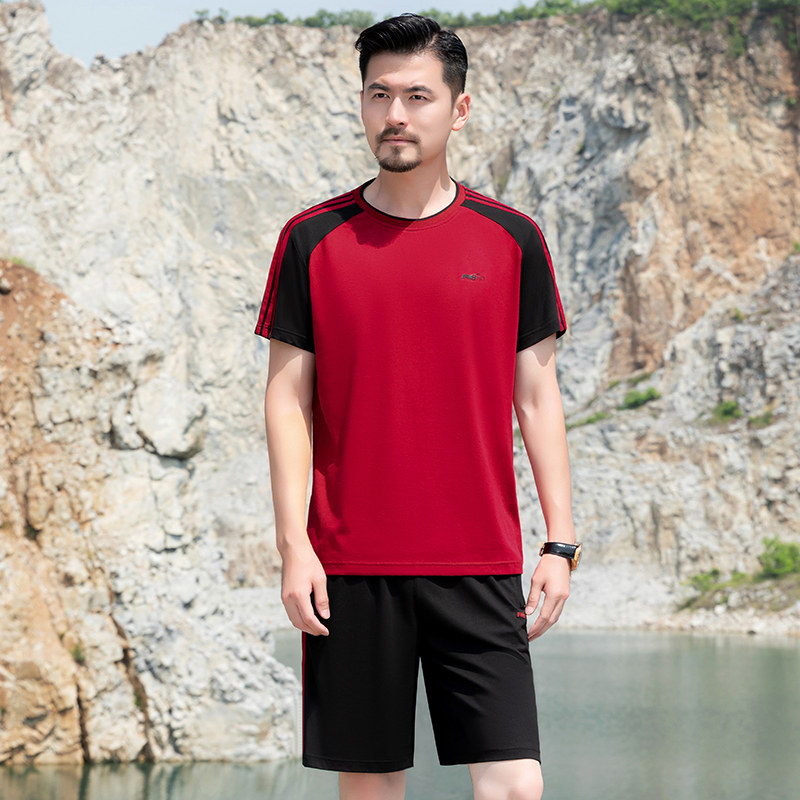 中年男士夏季短袖t恤短裤运动服套装中老年爸爸夏天休闲时尚半袖