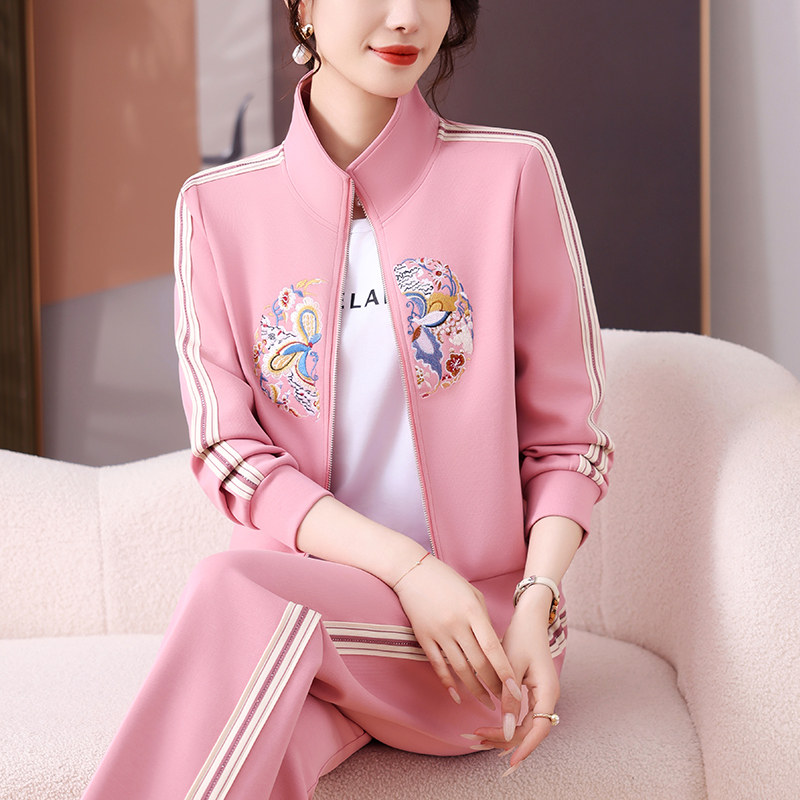 中年时尚立领休闲运动服套装女春秋2025年新款纯色长袖开衫两件套