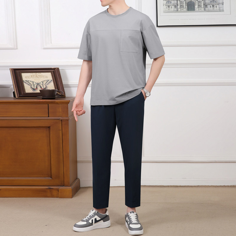 中老年运动服套装男夏季短袖九分裤爸爸夏装时尚休闲两件套薄新款