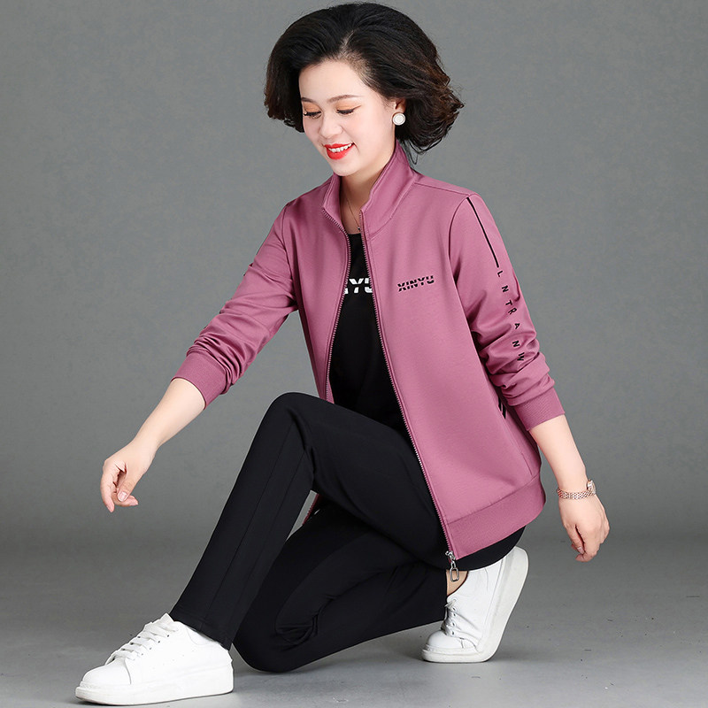 中年妈妈春季装运动服套装洋气大码2023新款春秋中老年人三件套女