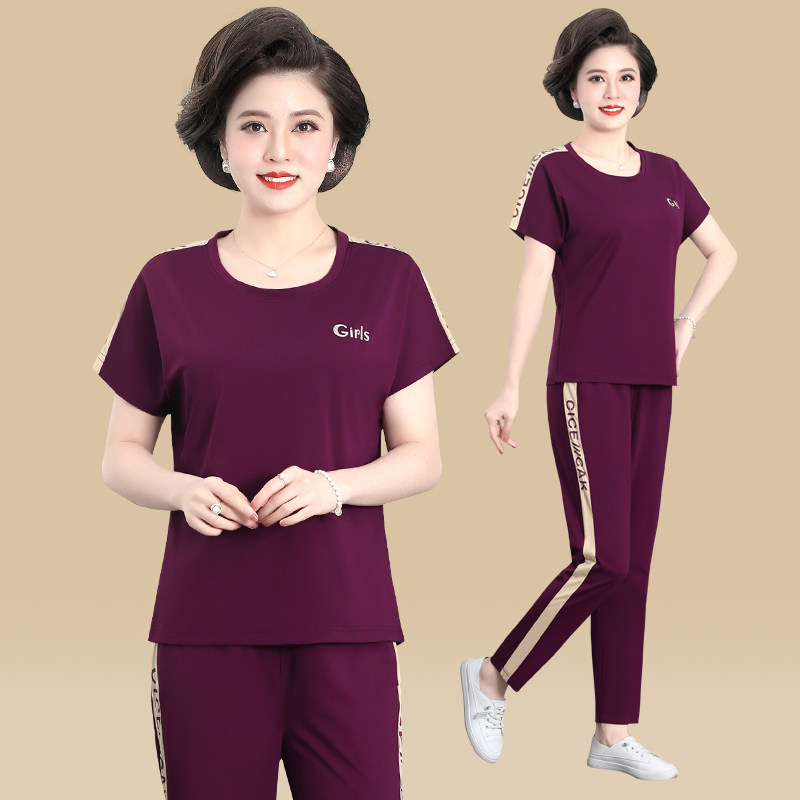 中年妈妈夏装运动服套装2025新款中老年人夏季短袖T恤休闲上衣女