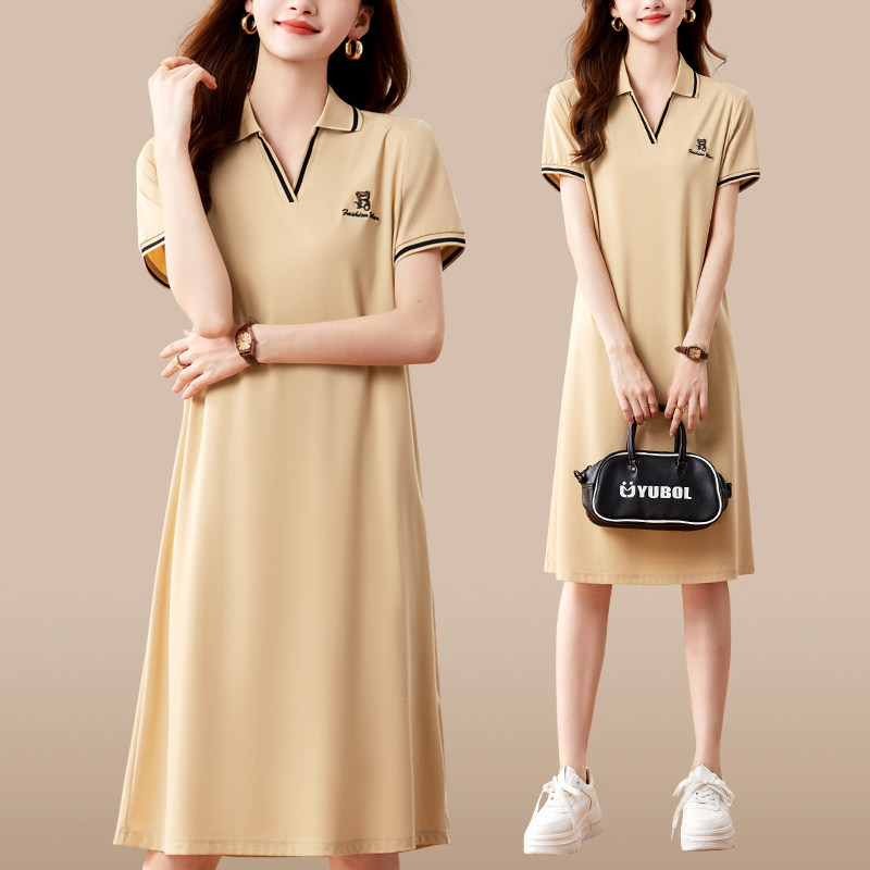 时尚夏装POLO领短袖T恤女夏季连衣裙2025新款休闲显瘦中长款裙子