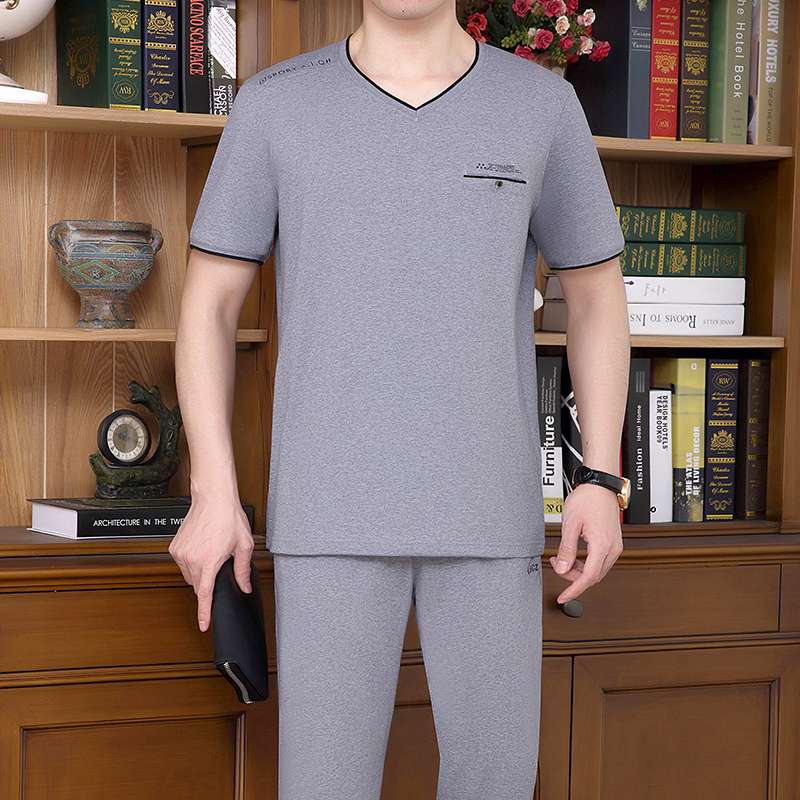 夏天季中年男士父亲装时尚套头短袖长裤棉宽松大码跑步运动服套装