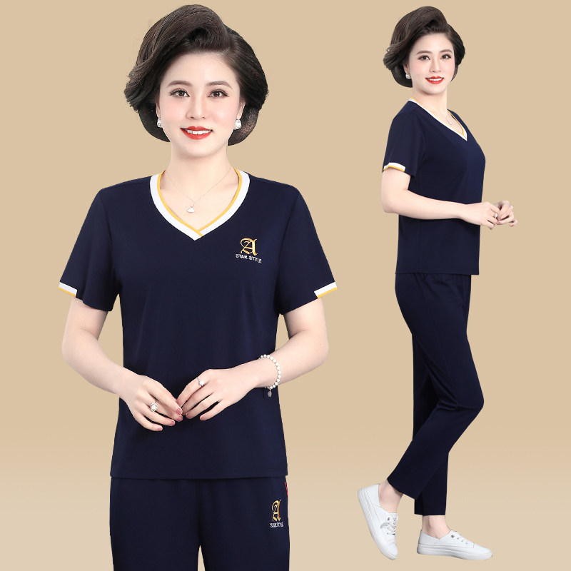 母亲节妈妈夏装短袖t恤中老年运动套装女中年妇女大码上衣两件套