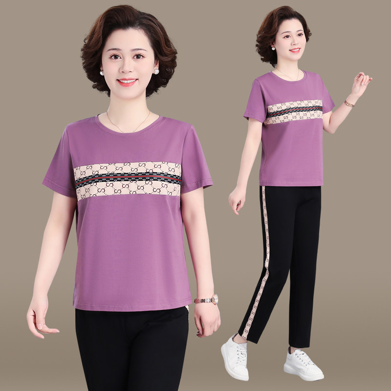 两件套洋气中老年人夏季运动服套装中年女装妈妈夏装短袖T恤上衣