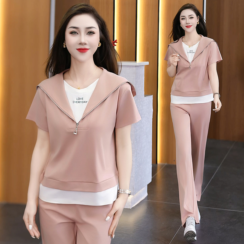 时尚休闲运动套装女2025夏季新款假两件减龄百搭洋气妈妈装两件套