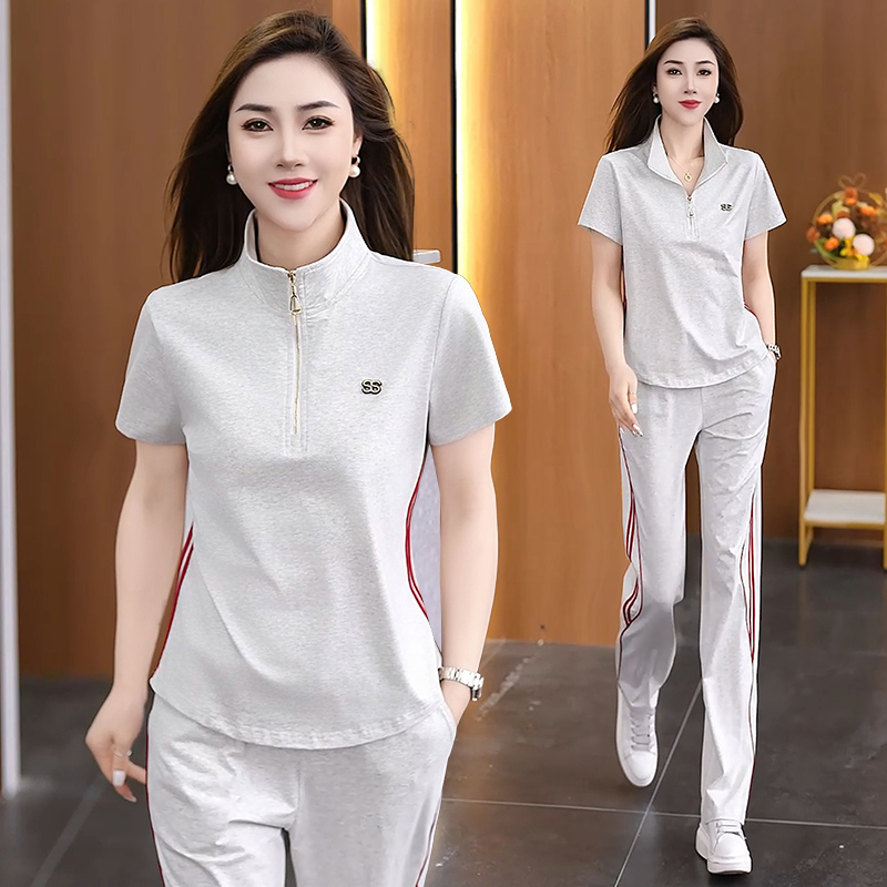 时尚纯色立领运动套装女2025夏季新款休闲减龄女款短袖两件套