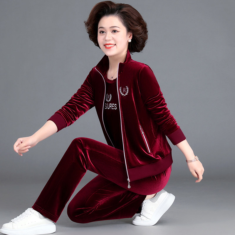 金丝绒套装女妈妈春秋装外套中老年女装洋气运动服大码上衣三件套
