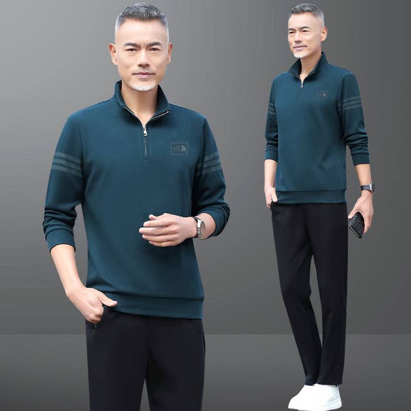 中年爸爸运动服套装男春秋季中老年人套头立领父亲休闲卫衣两件套