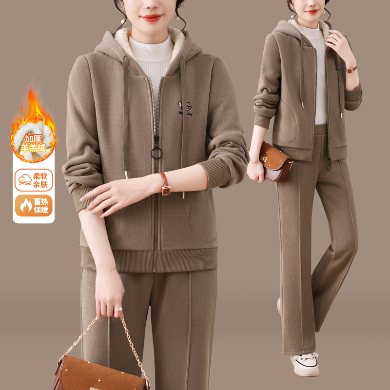 中老年妈妈秋冬时尚连帽套裝中年女款冬季加绒加厚休闲运动服套装