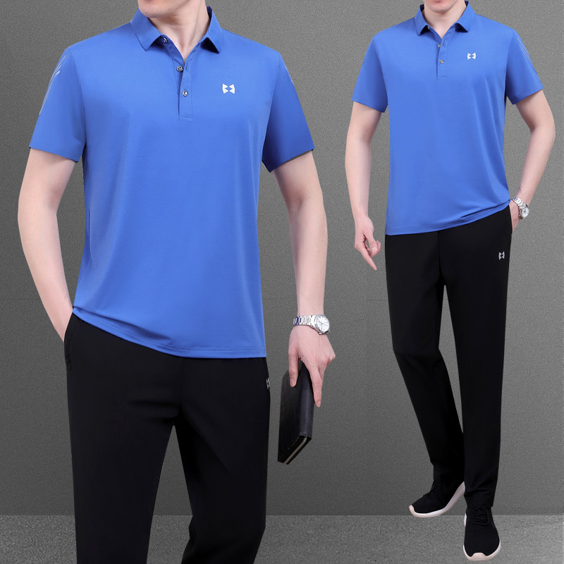 爸爸夏装套装新款中年男士夏季冰丝短袖t恤中老年休闲运动服套装