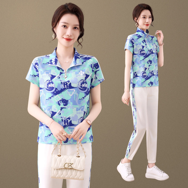 休闲运动套装女夏新款时尚速干洋气薄款短袖冰丝长裤跑步服两件套