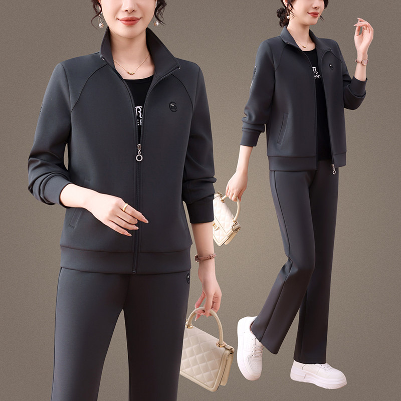 时尚开衫运动服套装女春秋2025新款中年妈妈休闲跑步服卫衣三件套