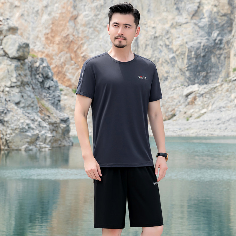 男士夏季中老年圆领父亲运动休闲衣服爸爸装夏装套装冰丝短袖t恤
