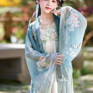 女童夏季水墨荷花古风超仙大袖衫公主裙洋气中国风飘逸渐变