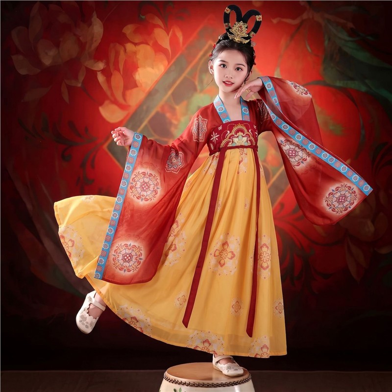 新款中国风敦煌飞天古风襦裙广袖表演服汉服女童古装超仙儿童唐装